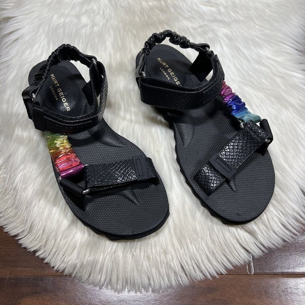 NEW Kurt Geiger Men's Size 44.5 / US 10.5 Black Rainbow  Leather Orion Sandals‎
